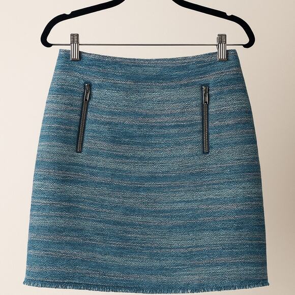 LOFT Boucle Tweed Fringe Hem Mini Skirt Blue Cotton Blend Womens 2 - Picture 1 of 5
